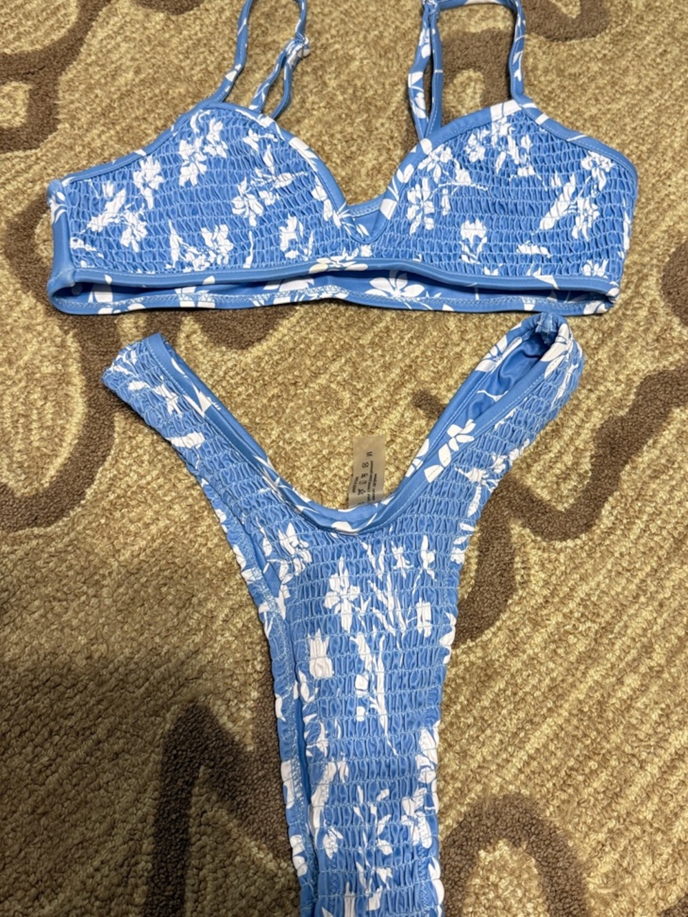 SHEIN Blue and White Floral Smocked Bikini Set